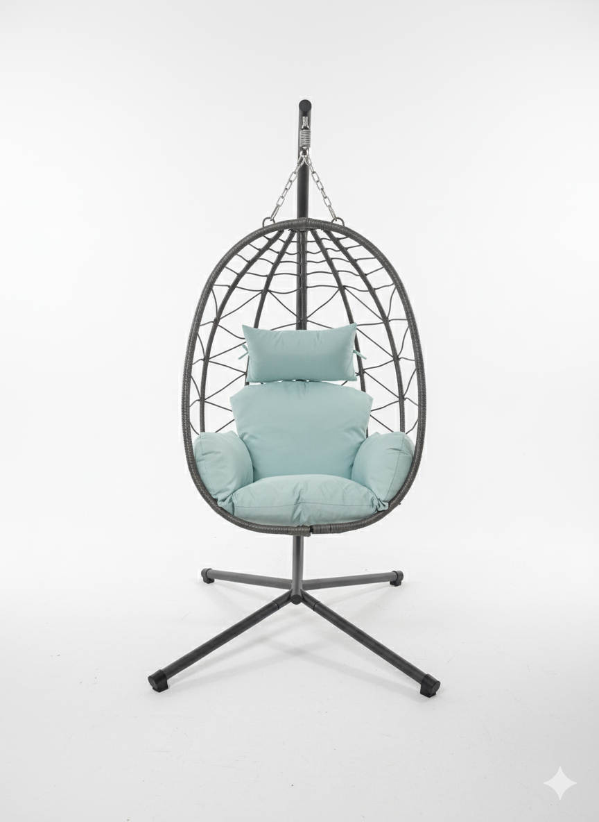 Rattan egg-shaped basket with light blue cushions
