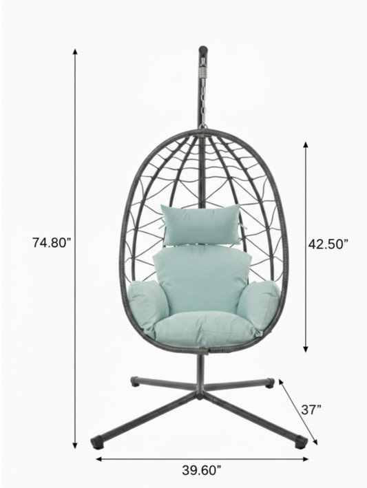 Rattan egg-shaped basket with light blue cushions