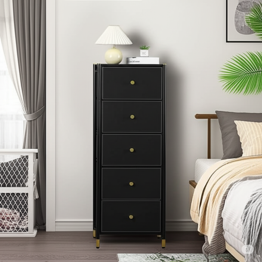 Black Luxury PU Leather 5-Drawer Tall Dresser with Gold Accents