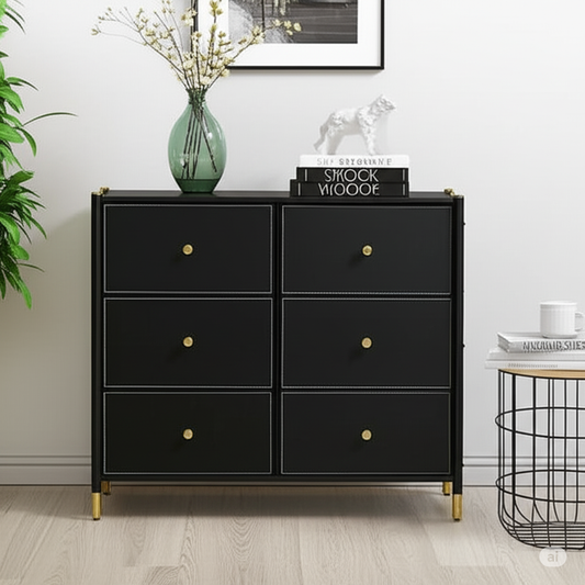 Black Luxury PU Leather 6-Drawer Dresser with Gold Accents