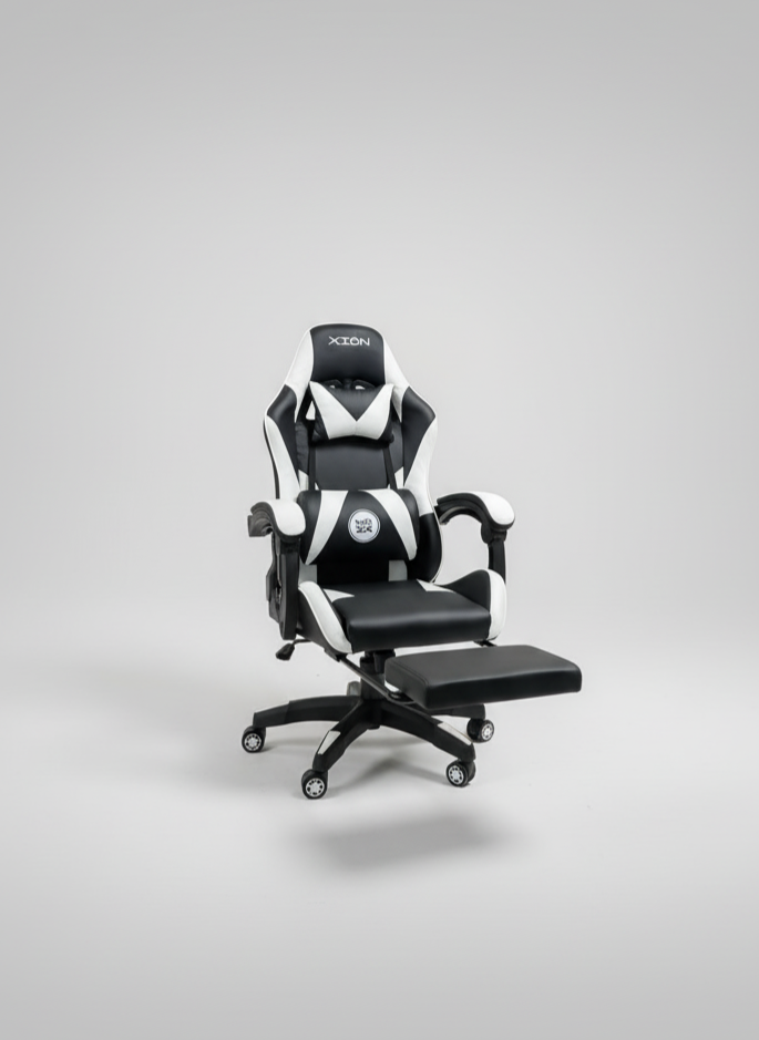 Ergonomic Gaming Chair with Footrest -   Racing Style PC Chair - High-Back PU Leather Swivel Desk Chair - Adjustable Lumbar/Headrest  - Black/White