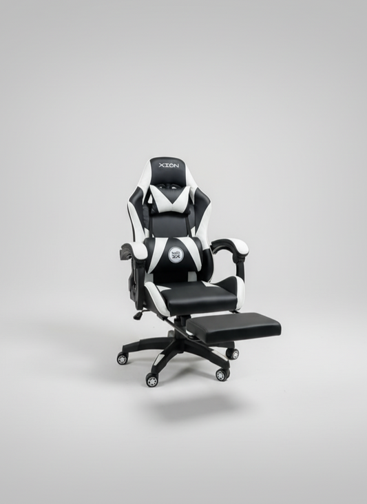 Ergonomic Gaming Chair with Footrest -   Racing Style PC Chair - High-Back PU Leather Swivel Desk Chair - Adjustable Lumbar/Headrest  - Black/White