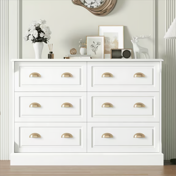 6 Drawer White Double Dresser for Bedroom, Gold Handle Drawer Chest Wood Storage Cabinet for Living Room, White