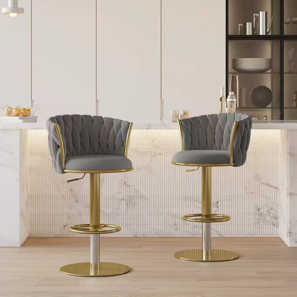 MMW Oversized Velvet Adjustable Bar Stool with Gold Base, XL Tufted High Back Swivel Bar Chair with Armrests for Kitchen Counter and Home Bar