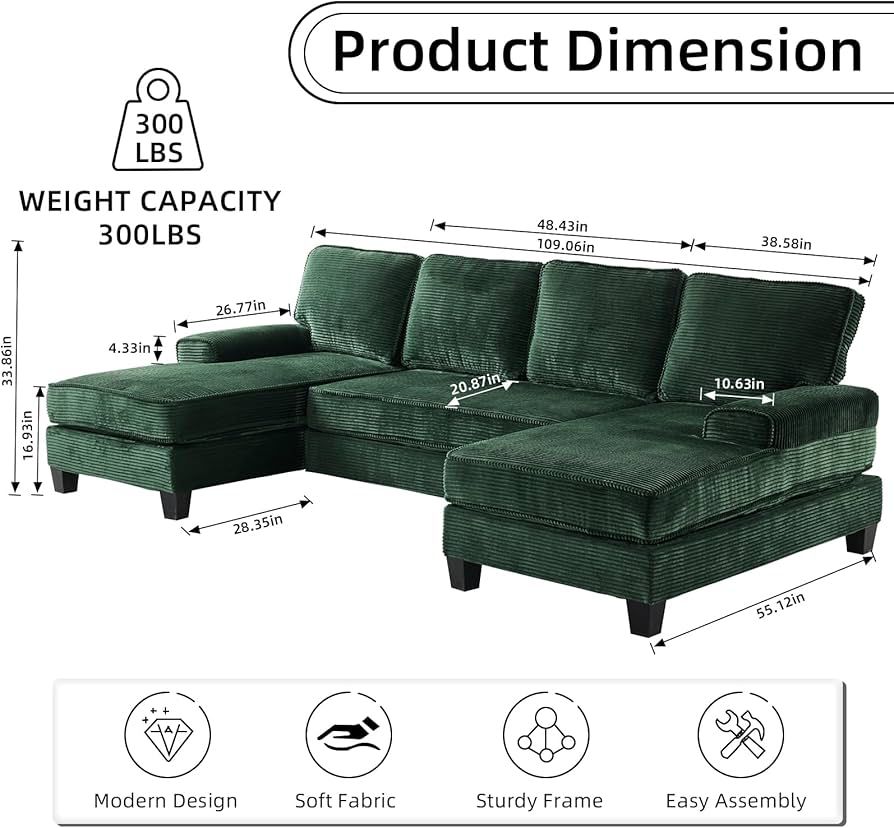 109" U-Shaped Modular Sectional Couch with Double Chaise Lounge - Soft Corduroy Fabric - 4-Seat Solid Wood Frame - Cloud Sofa for Home Theater, Large Living Room, & Pet-Friendly Spaces