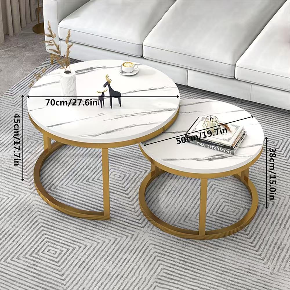 Round Coffee Table Set of 2, Stacking Modern End Table Center Table with Gold Metal Frame and Faux Marble Top