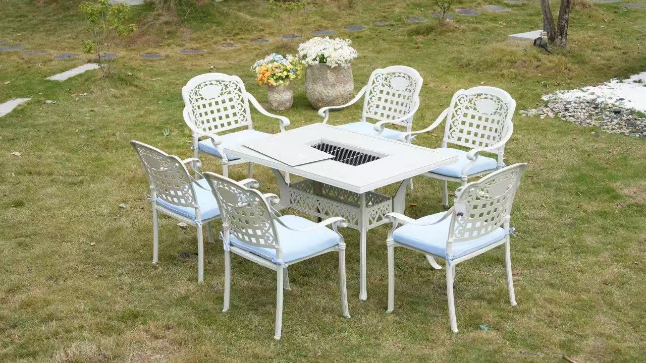 7-Piece Rectangular Patio Dining Set with Built-In Charcoal BBQ Grill