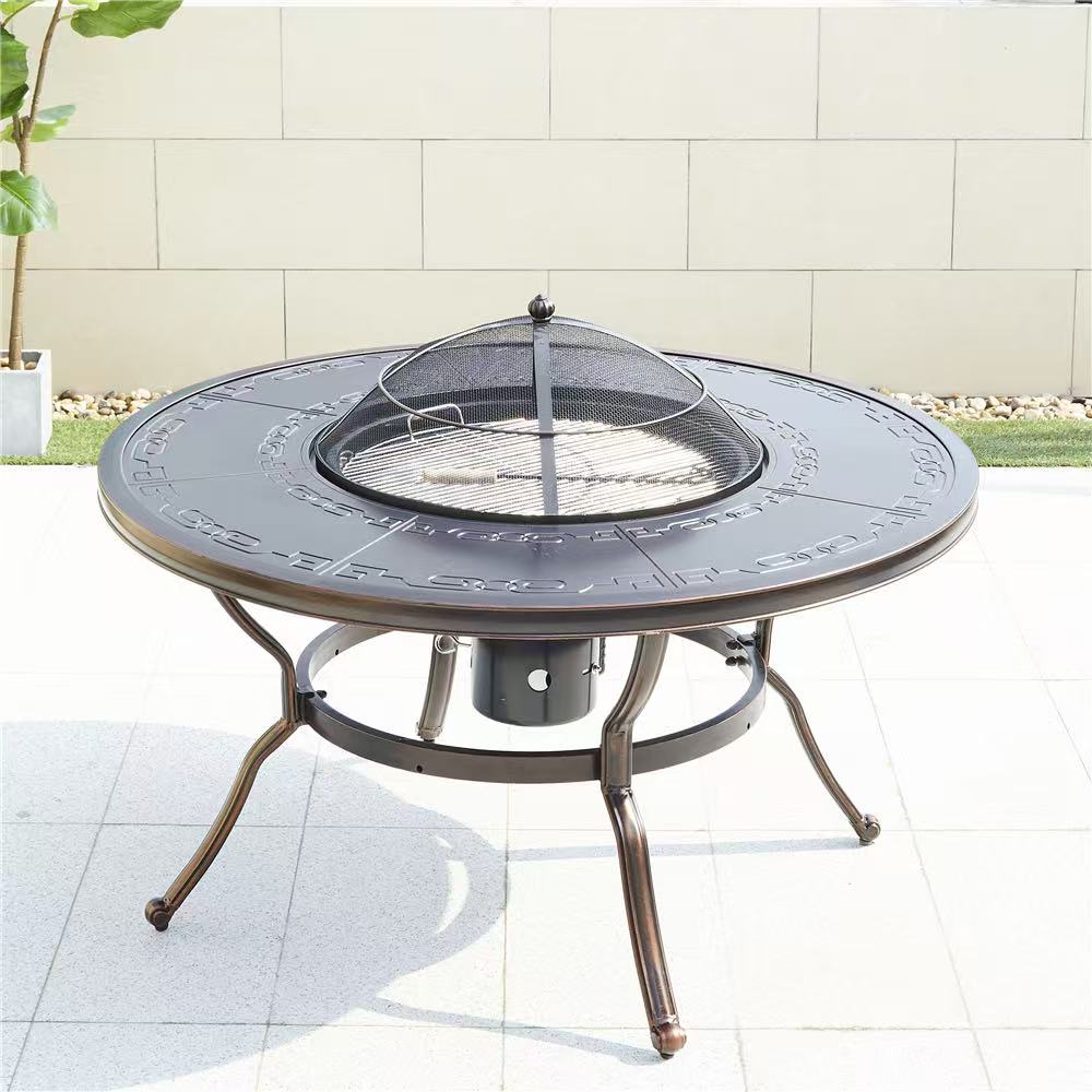 5-Piece Round Cast Aluminum Patio Dining Set with Built-In Charcoal BBQ Grill