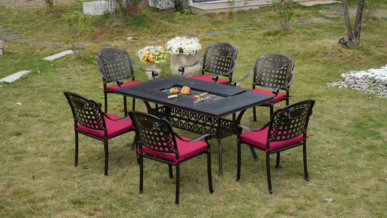 7-Piece Large Patio Dining Set with Built-In Charcoal BBQ Grill