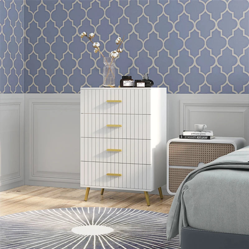 Drawer Cabinet, Drawer Chest for Bedroom, Chest of Drawers with Aluminium Legs and Gold Handles, White