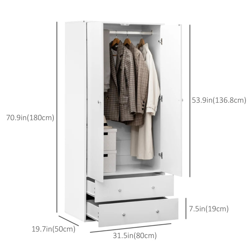 Wardrobe Closet, Armoire with Drawers and Hanging Rail for Bedroom Clothes Storage and Organization, White