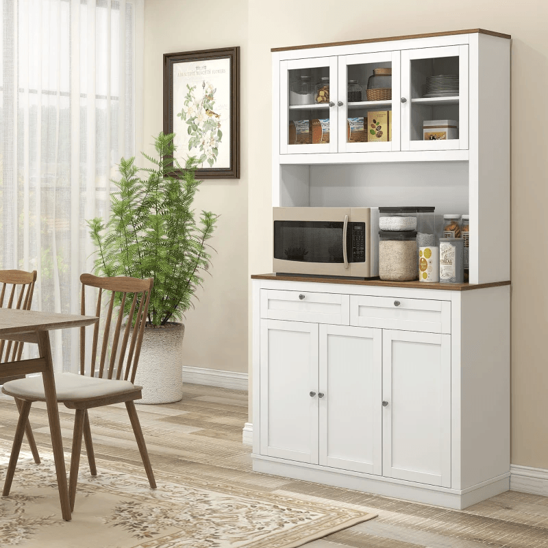 71" Kitchen Pantry Cabinet with Microwave Space, Buffet with Hutch, 2 Drawers, Adjustable Shelves and Glass Doors, White