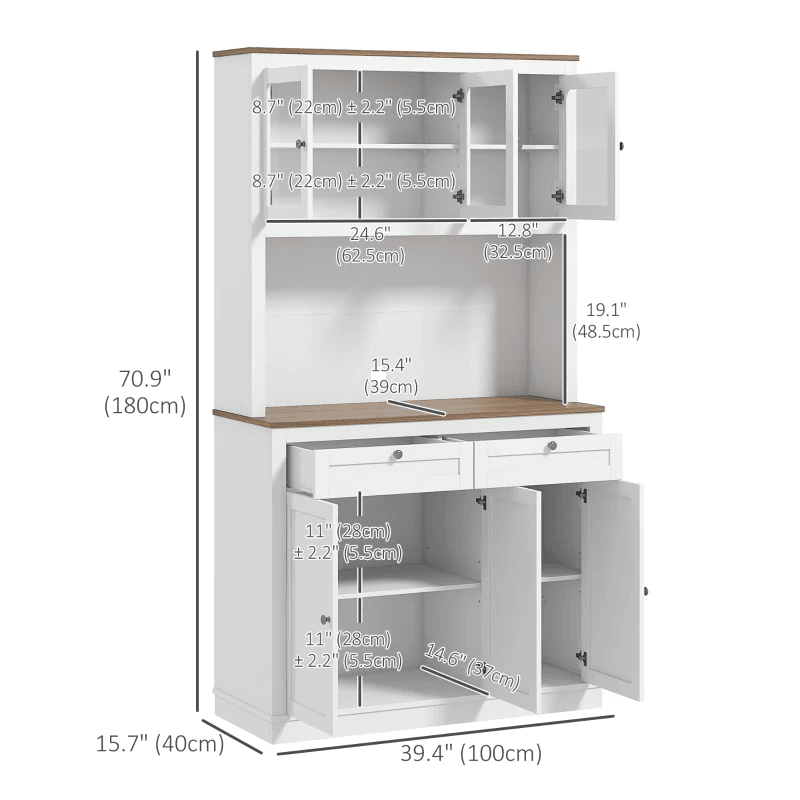 71" Kitchen Pantry Cabinet with Microwave Space, Buffet with Hutch, 2 Drawers, Adjustable Shelves and Glass Doors, White