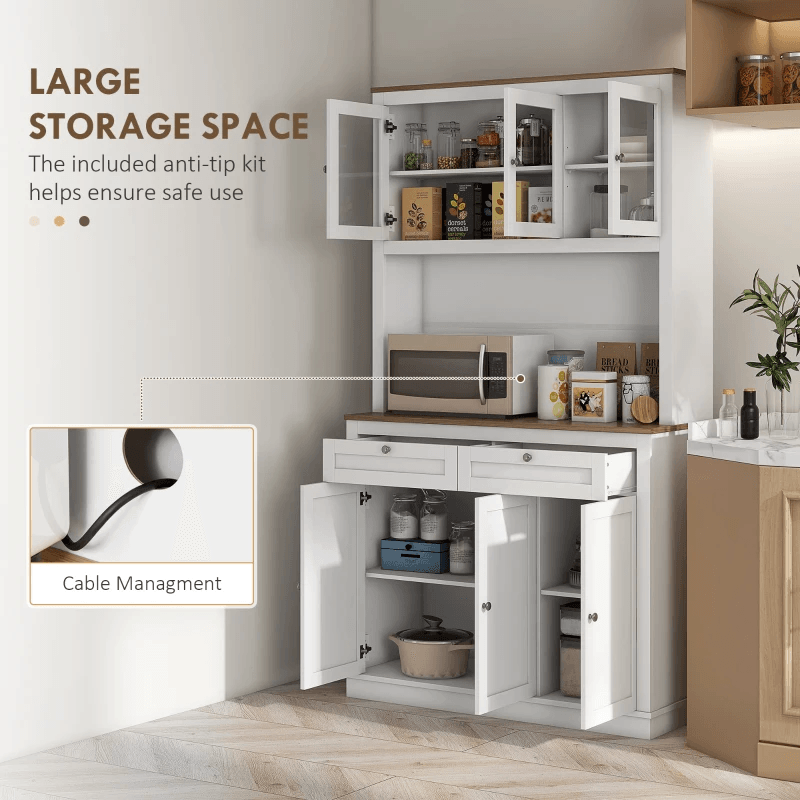 71" Kitchen Pantry Cabinet with Microwave Space, Buffet with Hutch, 2 Drawers, Adjustable Shelves and Glass Doors, White