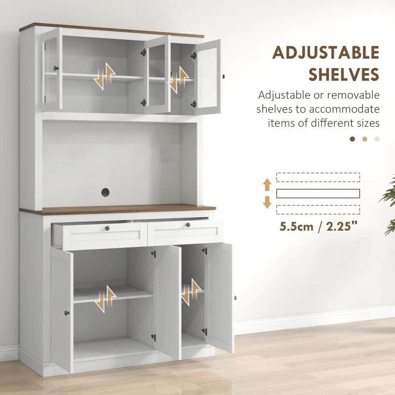 71" Kitchen Pantry Cabinet with Microwave Space, Buffet with Hutch, 2 Drawers, Adjustable Shelves and Glass Doors, White