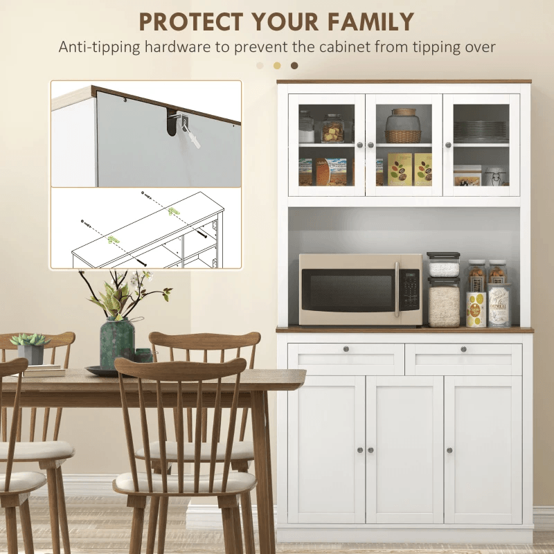 71" Kitchen Pantry Cabinet with Microwave Space, Buffet with Hutch, 2 Drawers, Adjustable Shelves and Glass Doors, White