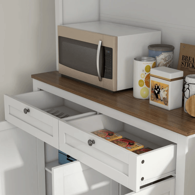 71" Kitchen Pantry Cabinet with Microwave Space, Buffet with Hutch, 2 Drawers, Adjustable Shelves and Glass Doors, White