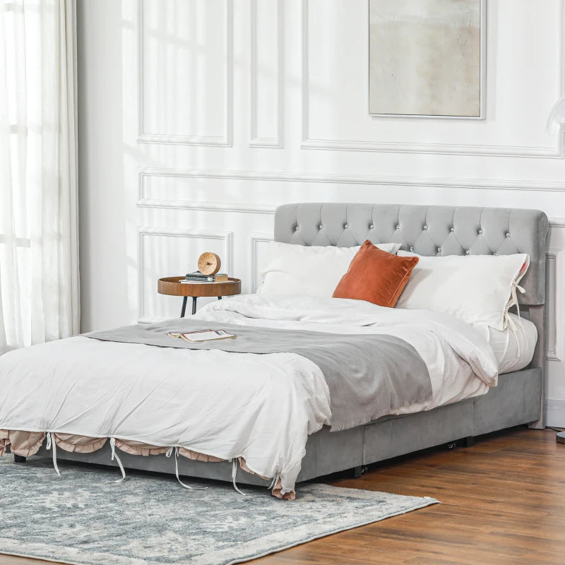 Full Bed Frame with Headboard, Double Bed Frame with 2 Drawers, No Box Spring Needed, Easy Assembly, Light Grey