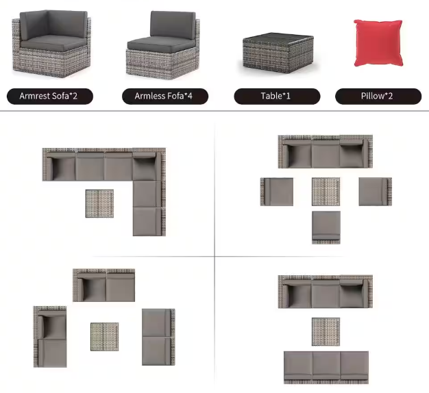 MMW 7 Pieces Outdoor Patio Wicker Sectional Conversation Sofa Set w/ Cushions & Coffee Table, Grey On Grey