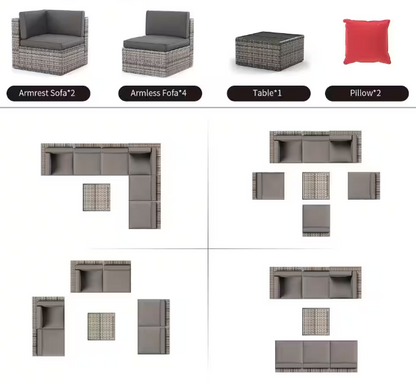 MMW 7 Pieces Outdoor Patio Wicker Sectional Conversation Sofa Set w/ Cushions & Coffee Table, Grey On Grey