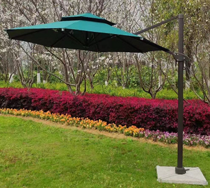 MMW 9Ft Outdoor Cantilever Umbrella, Solar Powered, LED Lights, Aluminum Umbrella 360° Rotation w/ Bluetooth Speakers for Patio, Backyard, Poolside, Lawn, Garden, Green