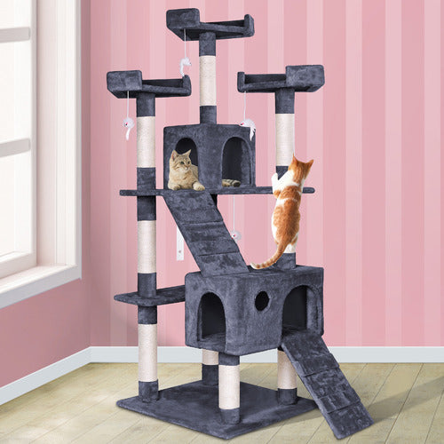 MMW Cat Tree Multi-Level With Two Condos, Perches, And Interactive Toys, Dark Grey