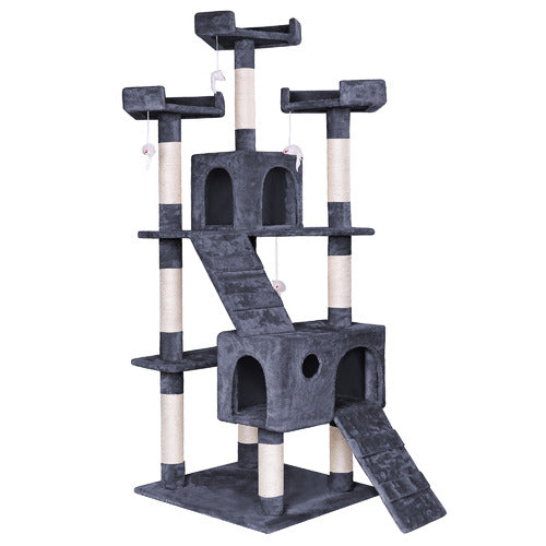 MMW Cat Tree Multi-Level With Two Condos, Perches, And Interactive Toys, Dark Grey