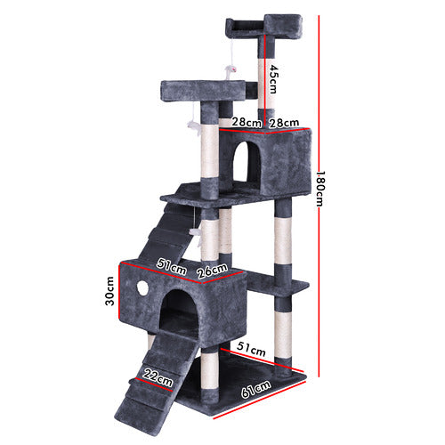 MMW Cat Tree Multi-Level With Two Condos, Perches, And Interactive Toys, Dark Grey