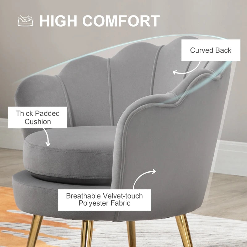 Accent Chair, Velvet-Touch Fabric Leisure Club Chair with Gold Metal Legs for Bedroom, Grey