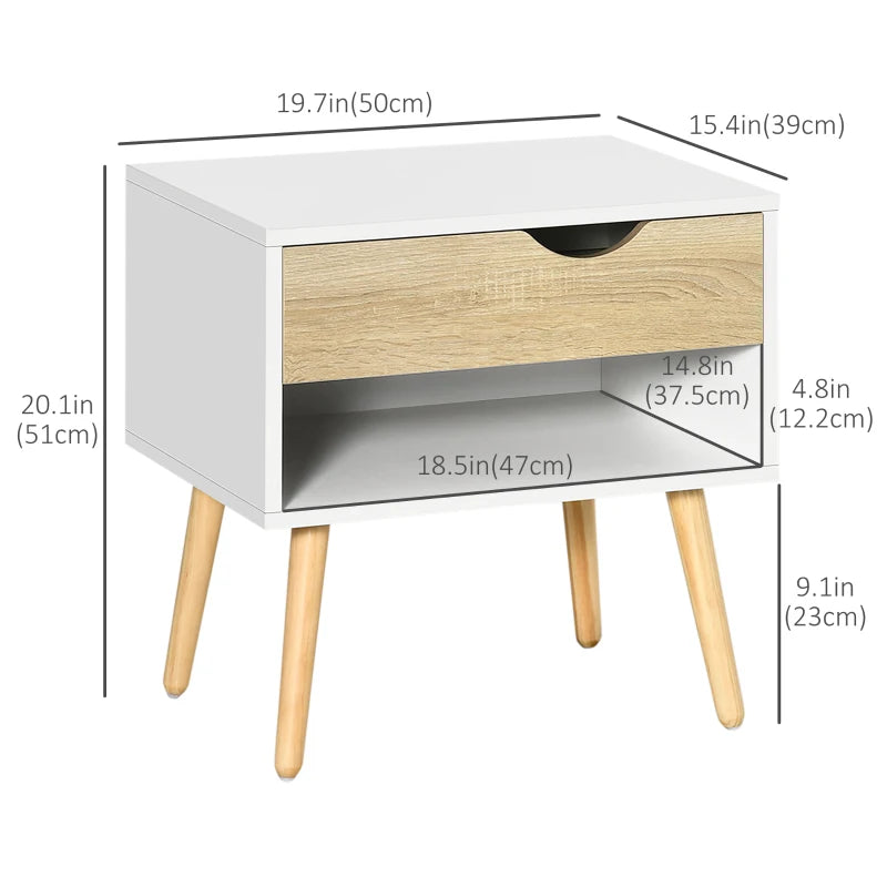 Bedside Table with Drawer and Open Shelf - Compact White Nightstand