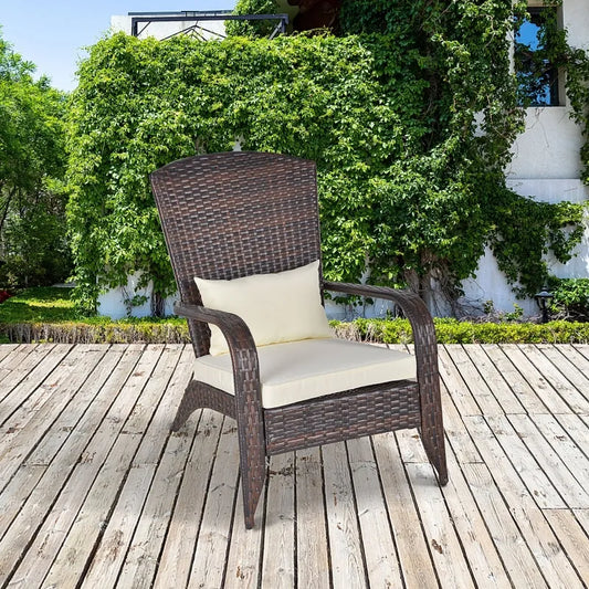 Patio Wicker Adirondack Chair, Outdoor PE Rattan Fire Pit Chair, Muskoka Chair w/ Soft Cushions, Tall Curved Backrest and Comfortable Armrests for Deck or Garden, White