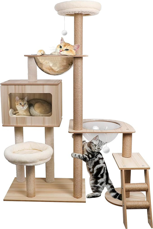 MMW Cat Tree for Indoor Cats Modern Cat Tree Wood Cat Tower with Large Space Capsule Cat Condo with Sisal Scratching Post and Funny Toy Cat Furniture Activity Center 55.5 inch