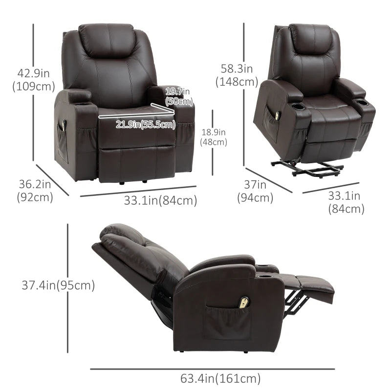 Power Lift Chair for Elderly, PU Leather Recliner Sofa Chair with Footrest, Remote Control, Side Pockets and Cup Holders, Brown