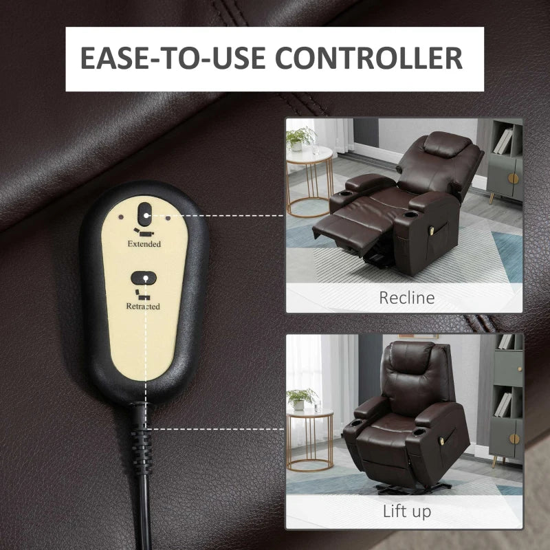 Power Lift Chair for Elderly, PU Leather Recliner Sofa Chair with Footrest, Remote Control, Side Pockets and Cup Holders, Brown