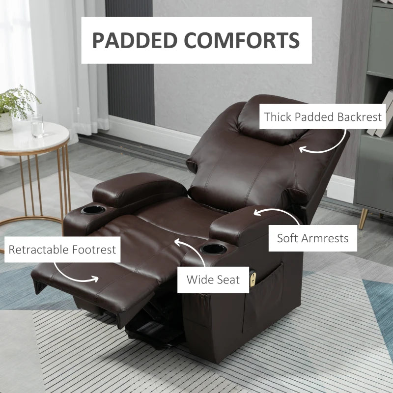 Power Lift Chair for Elderly, PU Leather Recliner Sofa Chair with Footrest, Remote Control, Side Pockets and Cup Holders, Brown