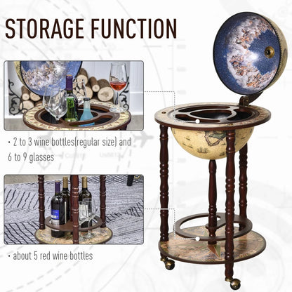 Rolling 18" Globe Wine Bar Stand Wine Cabinet Bottle Shelf Holder Wine Host Trolley with Wheels, Beige