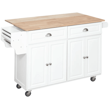 Rolling Kitchen Island on Wheels Utility Cart with Drop-Leaf, Rubber Wood Countertop, Storage Drawers, Door Cabinets and Adjustable Shelves