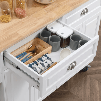 Rolling Kitchen Island on Wheels Utility Cart with Drop-Leaf, Rubber Wood Countertop, Storage Drawers, Door Cabinets and Adjustable Shelves