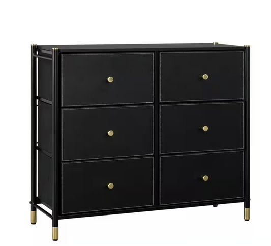 Black Luxury PU Leather 6-Drawer Dresser with Gold Accents