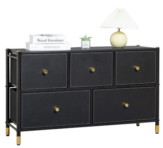 Black Luxury PU Leather 5-Drawer Dresser with Gold Accents