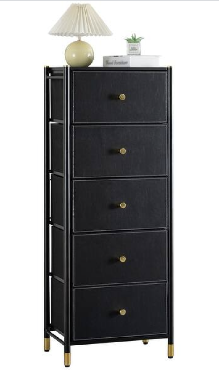 Black Luxury PU Leather 5-Drawer Tall Dresser with Gold Accents