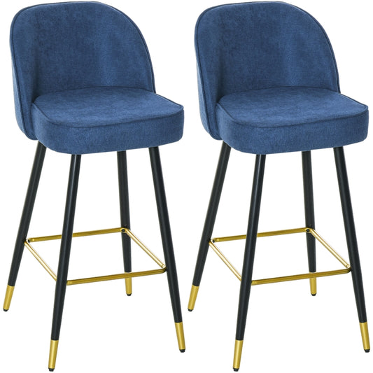 Set of 2 Mid-Back Upholstered Barstools Fabric Bar Chairs with Gold-Capped Steel Legs, Backrest and Footrest, Blue