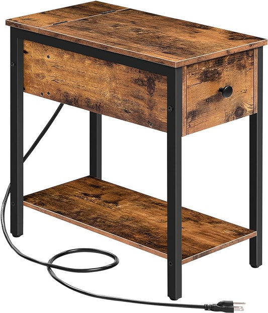 HomeBelongs Side Table with Charging Station, Narrow Nightstand with Drawer & USB Ports & Power Outlets, End Table for Small Spaces, in Living Room, Bedroom, Wood Look Accent Table, Rustic Brown