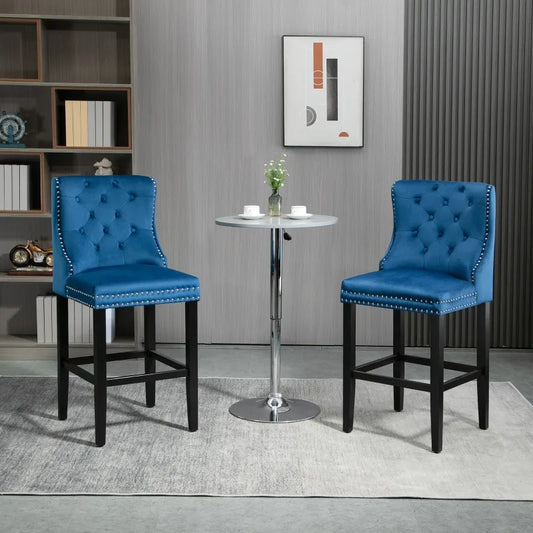 Upholstered Fabric Bar Stool Set of 2, Button Tufted 29.5" Seat Height Pub Chairs with Back & Wood Legs, Blue