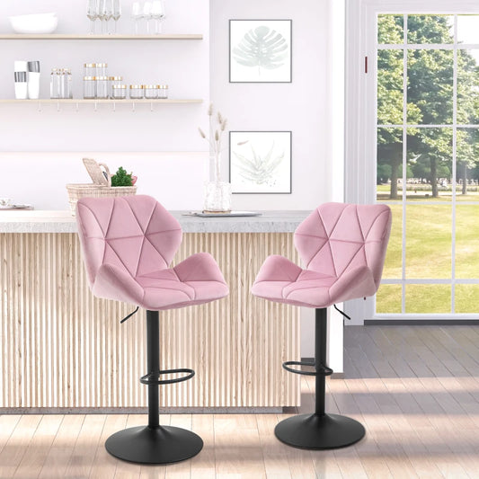 Velvet-Touch Bar Stool Set of 2 Fabric Adjustable Height Armless Counter Chairs with Swivel Seat, Pink