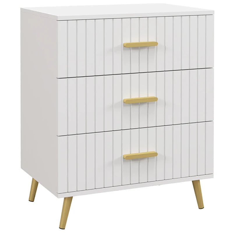 3 Drawer Cabinet, Drawer Chest for Bedroom, Chest of Drawers with Aluminium Legs and Gold Handles, White