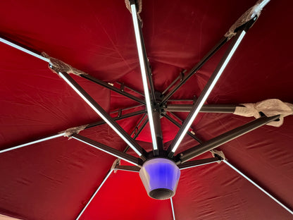 MMW 9Ft Outdoor Cantilever Umbrella, Solar Powered, LED Lights, Aluminum Umbrella 360° Rotation w/ Bluetooth Speakers for Patio, Backyard, Poolside, Lawn, Garden, Green