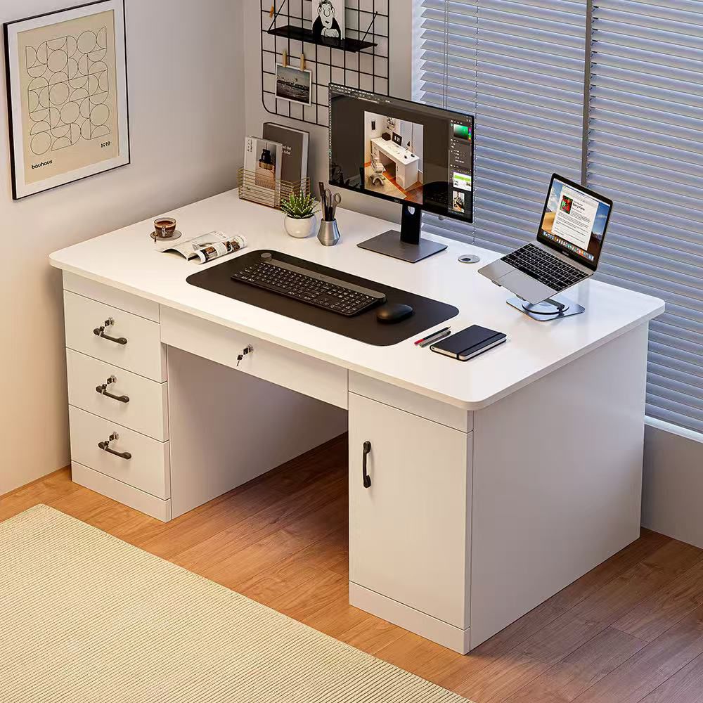 Home Office Computer Desk, 120 cm, White, 3 Lockable Drawers, 1-Door Cabinet, MDF Construction