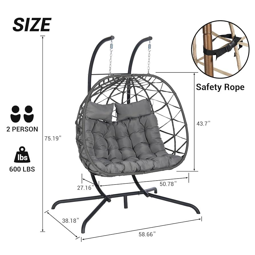 Rattan Two-Seater Patio Egg Chair, Grey Cushion, Hanging Egg Chair