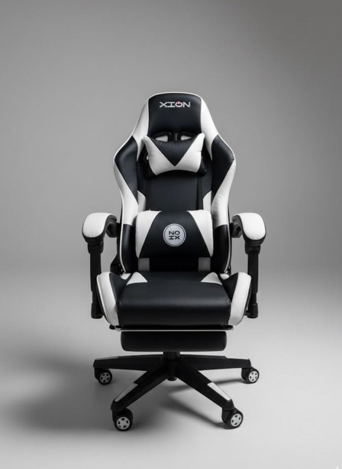 Ergonomic Gaming Chair with Footrest -   Racing Style PC Chair - High-Back PU Leather Swivel Desk Chair - Adjustable Lumbar/Headrest  - Black/White